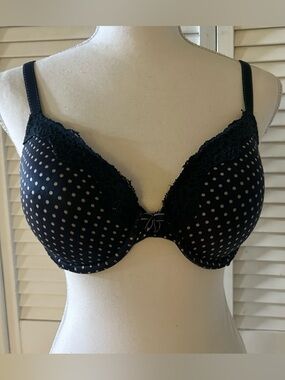 Maidenform Navy Blue & White Polka Dot Lace Trim Lightly Lined Underwire Bra 36B